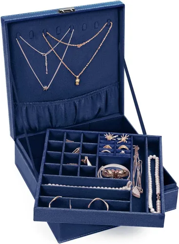 Miniatura 13 de MOSISO Joyero, organizador de almacenamiento de joyas, apilable, de doble capa, con bloqueo, para mujeres, collar, aretes, pulsera, anillo y broche