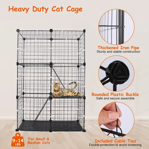 Miniatura 4 de Jaula de 3 niveles para gatos, casa de metal para interiores, casa desmontable para gatitos con 3 puertas, 2 escaleras, lugar de ejercicio