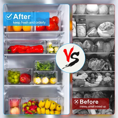 Miniatura 8 de KUMD Paquete de 10 contenedores organizadores transparentes para refrigerador con tapas, contenedores apilables para refrigerador, sin BPA