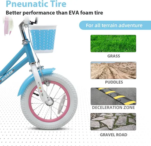 Miniatura 5 de ACEGER Girls Bike with Basket for Ages 2-12 Years Old Kids, 12 14 16 18 Inch with Training Wheels，Princess Style with Streamers, Handbrake & Coaster