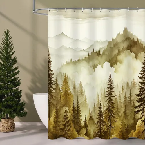 Miniatura 14 de Litabel - Cortina de ducha negra pequeña de 36 x 72 pulgadas, diseño de bosque de pino neblinoso, cortinas de ducha estrechas de medio