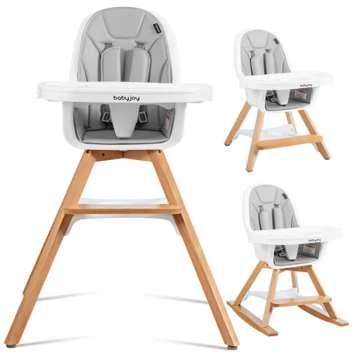 BABY JOY Silla alta 3 en 1, silla alta convertible Baby Eat & Grow de madera, silla mecedora, asiento elevador, sillas de comedor para bebés con Gris