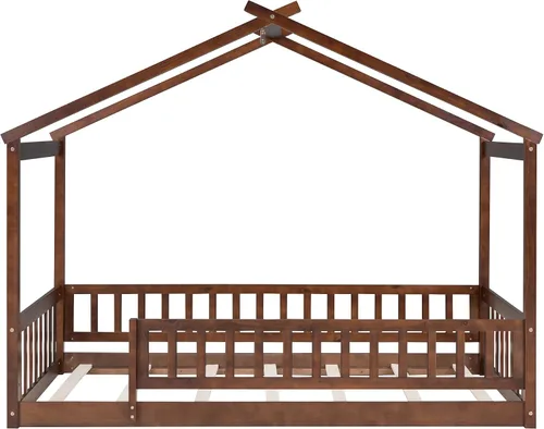 Miniatura 7 de Cama de casa tamaño individual con barandillas de valla, marco de cama de madera estilo Montessori para niños, divertidas camas de casa