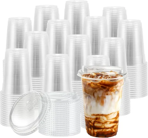 Miniatura 10 de BYSNOW Paquete de 100 vasos de plástico transparente de 16 onzas con tapas, tazas desechables para café helado con tapas para sorber, vasos