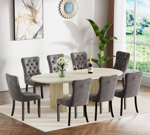 Miniatura 22 de Juego de 4 mesas de comedor extensibles, mesa de comedor ovalada negra y 4 sillas de comedor de terciopelo negro con patas de madera, juego de mesa