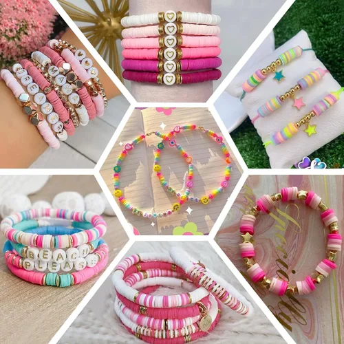 Miniatura 7 de 3600 cuentas de arcilla rosa para hacer pulseras de la amistad, 10 hebras planas redondas de arcilla polimérica cuentas Heishi espaciadoras de 0.236