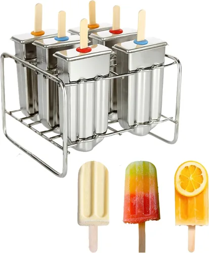 Miniatura 11 de Moldes de paletas de acero inoxidable, juego de 6 moldes para hacer helados, moldes de paletas caseras reutilizables de metal con 50 varillas