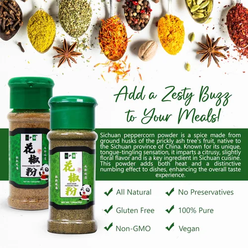 Miniatura 6 de Polvo de maíz rojo Sichuan de alta calidad + pimienta verde, 1.08 onzas cada uno, una especia adormecedora, pimientos szechuan rojos y verdes