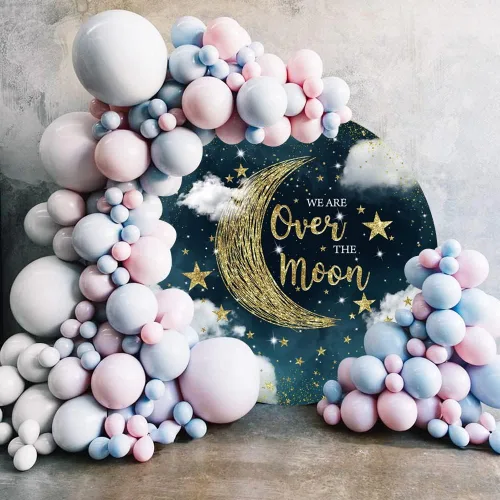 Miniatura 2 de Laeacco Telón de fondo redondo de 3 x 3 pies con texto en inglés «We are Over The Moon» para baby shower, noche estrellada, purpurina dorada, luna