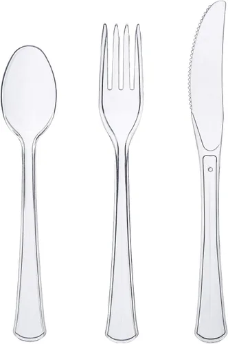 Party Essentials Paquete combinado de cubiertos de plástico duro extra resistente y cuchillos/tenedores/cucharas de tamaño completo, transparente, 8