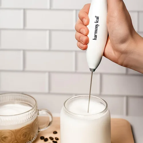 Miniatura 3 de Harmony Leaf Espumador de leche de mano, mezclador eléctrico de bebidas de acero inoxidable con soporte, espumador de café a pilas para lattes