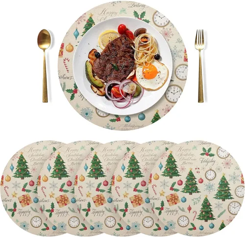 Miniatura 3 de Christmas Trees Beige Table Place Mats, Heat Resistant Non Slip Dinner Placemats Round for Kitchen one sizex6