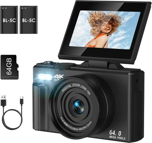 Cámara digital 4K para fotografía, enfoque automático antivibraciones de 64 MP para YouTube, pantalla abatible de 180° de 3 pulgadas, cámara