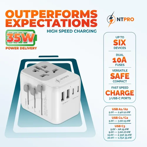 Miniatura 3 de Adaptador de viaje universal 6 en 1-10A Adaptador de corriente internacional con 3 puertos USB C, 2 puertos USB A Cargador portátil rápido