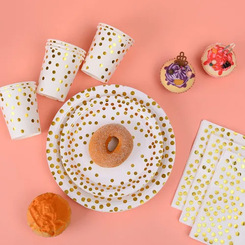 Miniatura 3 de 200 piezas de suministros para fiestas dorados - Platos de papel y servilletas dorados, cubiertos, tazas, sirve para 25 conjuntos para bodas, Punto