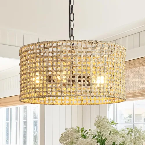 Miniatura 11 de Luces colgantes bohemias para isla de cocina, 11.8 pulgadas, luminaria de ratán bohemio tejida a mano, iluminación de tejido de hierba marina Tejido