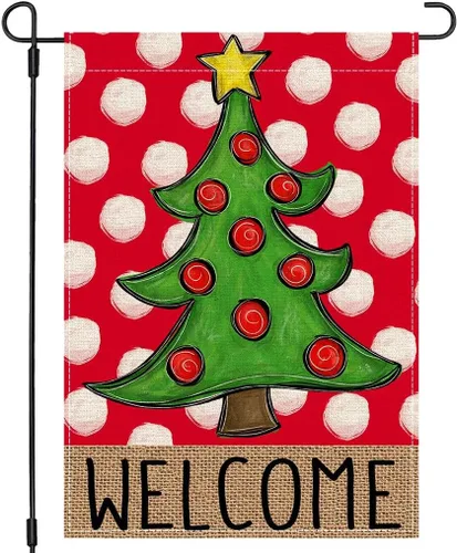 PANDICORN Bandera de Jardín Feliz Navidad 12x18 Pulgadas Doble Cara, Bienvenida Árbol de Navidad Lunares Rojo Invierno Vacaciones Patio Arpillera