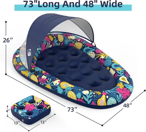 Miniatura 3 de Sunikko X Flotadores de piscina 3 en 1 con soporte para toldo, flotadores grandes de 73 x 48 pulgadas para adultos, resistente, tumbona inflable