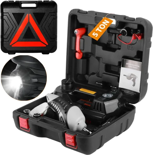 Miniatura 11 de TYAYT Kit de gato eléctrico para automóvil, gato hidráulico de 5 toneladas con bomba inflable incorporada, gato portátil de 12 V con luz LED