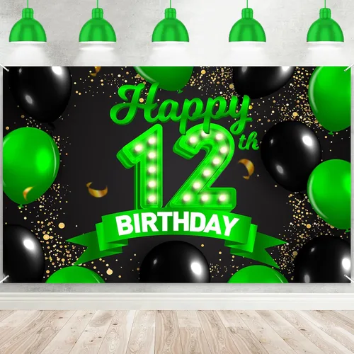 Cartel de feliz cumpleaños número 12, color verde y negro, telón de fondo con texto en inglés "Cheers to 12 years old confeti", globos de confeti,