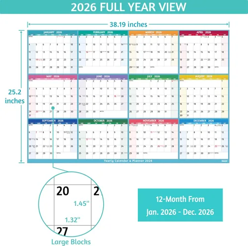 Miniatura 4 de Calendario anual de pared 2026, calendario anual grande 2026, enero 2026 - diciembre 2026, 25.2 x 38.2 pulgadas (abierto), calendario 2026