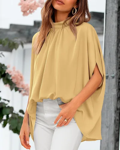 Miniatura 109 de BTFBM Blusas de verano para mujer, cuello alto falso, manga murciélago, holgadas, dobladillo alto y bajo, blusas informales de gran
