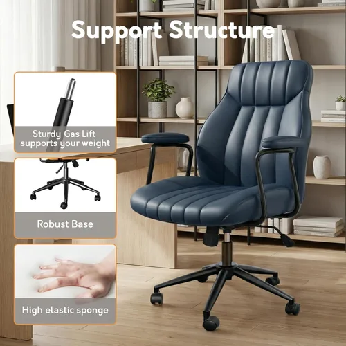 Miniatura 5 de Silla de escritorio de oficina de cuero azul con ruedas y brazos, altura ajustable, vintage, estilo moderno de mediados de siglo