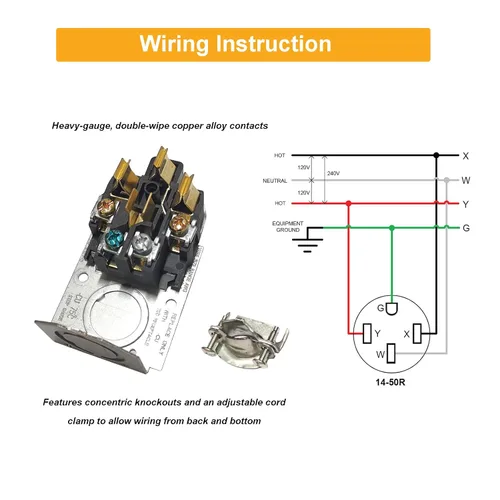 Miniatura 3 de Receptáculo Nema 14-50 de Grado Industrial de 50 Amperios Montaje en Superficie para Horno EV RV y Salida de Estufa, 3 Polos 4 Cables, Negro