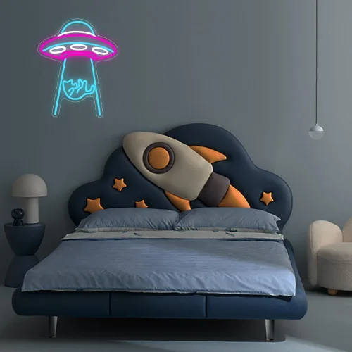 Miniatura 4 de Letrero de Neón de Gato OVNI, Gato OVNI Nave Espacial Viaje Espacial Luz de Neón LED Lámpara Nocturna Fanáticos de Astronomía Sala de Juegos Cueva