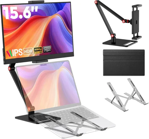 Monitor portátil de 15.6 pulgadas con soporte ajustable, extensor de pantalla FHD IPS de 1080P, soporte para laptop y cubierta inteligente