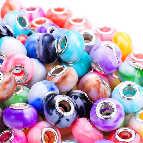 Miniatura 16 de 100 Piezas Cuentas Espaciadoras Europeas de Agujero Grande de 0.551 pulgadas, Mezcla de Colores con Núcleos de Latón Plateado Surtidos Cuentas