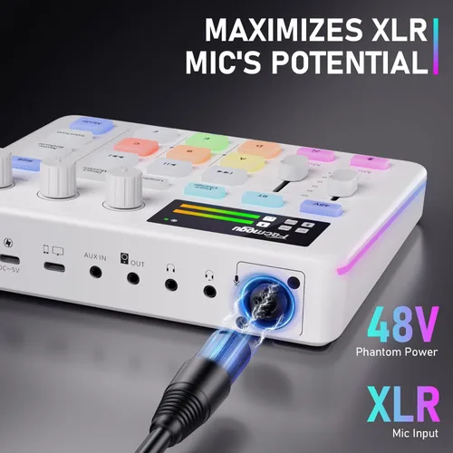 Miniatura 3 de Facmogu Mezclador de audio G9, mezclador de PC RGB de transmisión con interfaz de micrófono XLR, atenuador de volumen, botón de silencio
