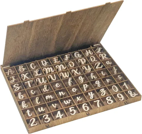 Miniatura 4 de 682 letras del alfabeto de madera de 1 pulgada, números de madera, mini letras mayúsculas y bajas con caja de almacenamiento rústica para decoración