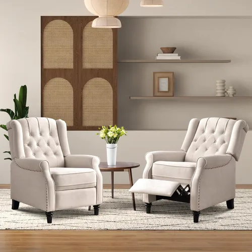 Miniatura 9 de Bonzy Home Sillón reclinable orejero de empuje hacia atrás, sillón tapizado de respaldo alto con patas de madera maciza, decoración con remaches