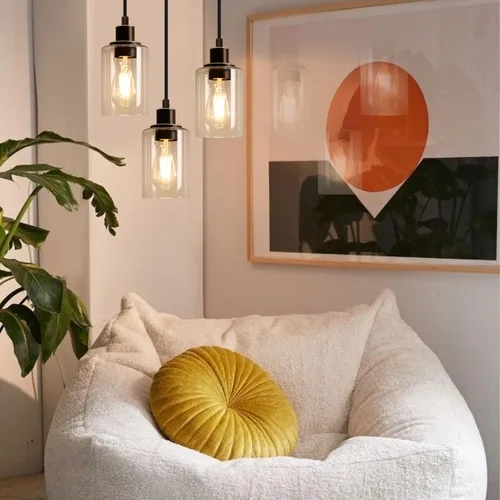 Miniatura 4 de MAXvolador Lámpara colgante industrial de 3 luces, lámpara de techo colgante ajustable con pantalla de vidrio transparente, iluminación colgante