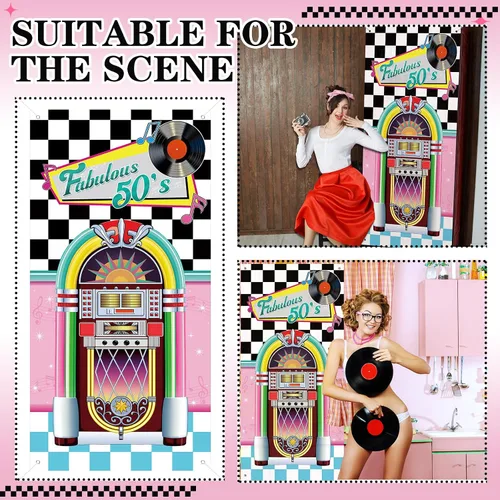 Miniatura 4 de VitalCozy Decoraciones de fiesta de los años 50 de 71 x 35 pulgadas, decoración retro de los años 50, cubierta de puerta de fiesta de rock and roll