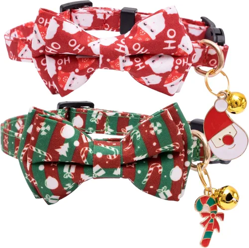 Miniatura 7 de Faygarsle Paquete de 2 collares navideños para gatos con pajarita, collar de invierno rosa y verde para niños y niñas Arco grande verde y rosa