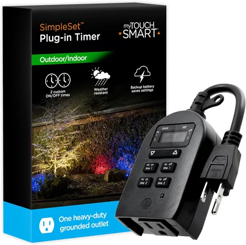 myTouchSmart Temporizador Digital Enchufable para Interiores y Exteriores, Una Toma con Conexión a Tierra, Dos Tiempos de Encendido/Apagado Diarios