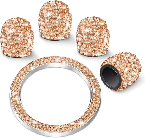 Miniatura 9 de WINKA 4 tapones para válvula de neumático de automóvil con diamantes de imitación, 1 cubierta de botón de motor de automóvil, anillo de encendido