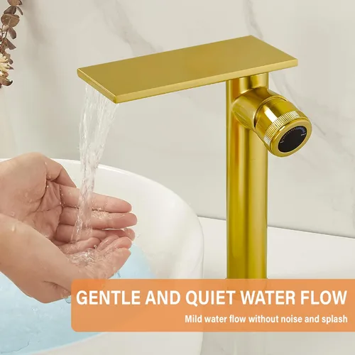 Miniatura 5 de Becola Grifo mezclador de lavabo alto tipo cascada de oro cepillado moderno con perillas ajustables y dos líneas de suministro