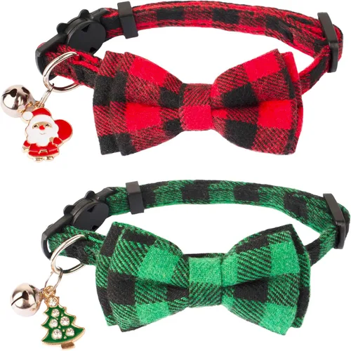 Miniatura 15 de ADOGGYGO Collares para gatos de Halloween con campana extraíble con corbatín extraíble, paquete de 2 unidades, collar de lazo de Halloween a cuadros