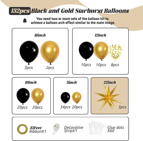Miniatura 2 de FOTIOMRG - Kit de arco de guirnalda de globos negros y dorados, globos de confeti negro dorado de látex de 5/10/12/18 pulgadas para decoraciones
