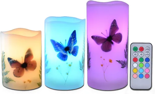 Juego de 3 velas sin llama de 4 pulgadas, 5 pulgadas, 6 pulgadas, sin perfume, mariposa y flores, decoración de plantas de cera real, luces LED, 12