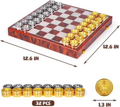Miniatura 6 de Juego de ajedrez y damas de metal 2 en 1 para adultos y niños - Juegos de ajedrez de viaje de lujo de madera plegable con almacenamiento - Juego