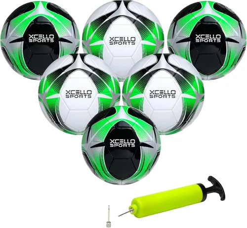 Xcello Sports Balón de fútbol (negro/verde/plata, blanco/verde/plata) con bomba (talla 3, paquete de 6)