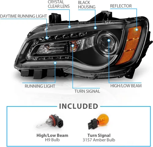 Miniatura 3 de AmeriLite Par de faros delanteros para faros delanteros de tubo LED negro para Chrysler 300 Sedan OE+ 2011-2014, lado del pasajero y del conductor