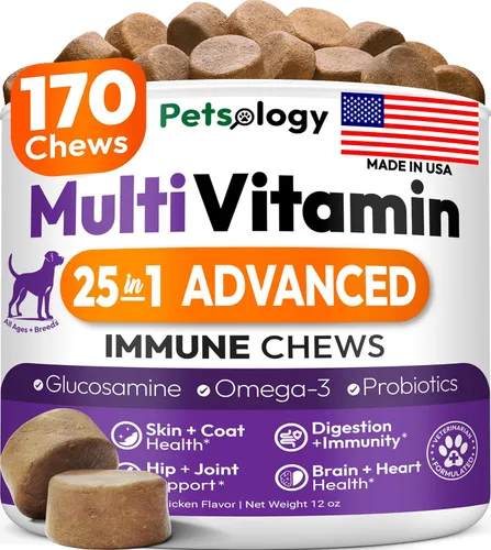 Multivitamínico masticable para perros, vitaminas y suplementos para perros con glucosamina, 170 masticables, cadera y articulaciones, apoyo