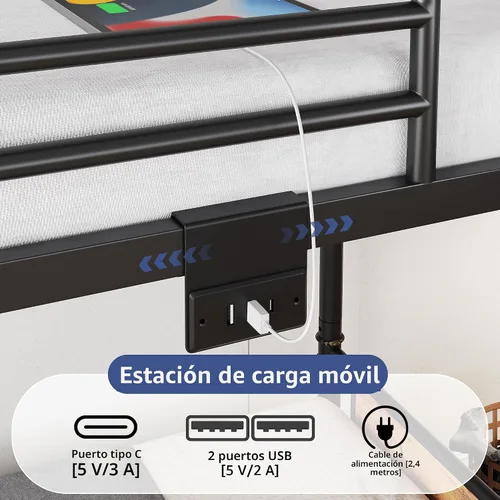 Miniatura 6 de Jocoevol Litera de metal LED individual sobre individual con 2 cajones de almacenamiento, estación de carga USB, literas industriales resistentes