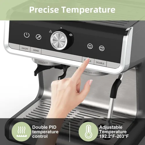Miniatura 5 de Máquina de café espresso semiautomática, cafetera profesional de 20 bar con molinillo, calentamiento rápido de 1450 W, 30 ajustes de molienda