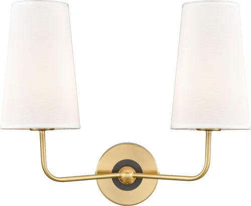 DAYCENT Moderno aplique de pared dorado con pantalla de tela, apliques de 2 luces, iluminación de pared de doble brazo, luces de tocador de baño de